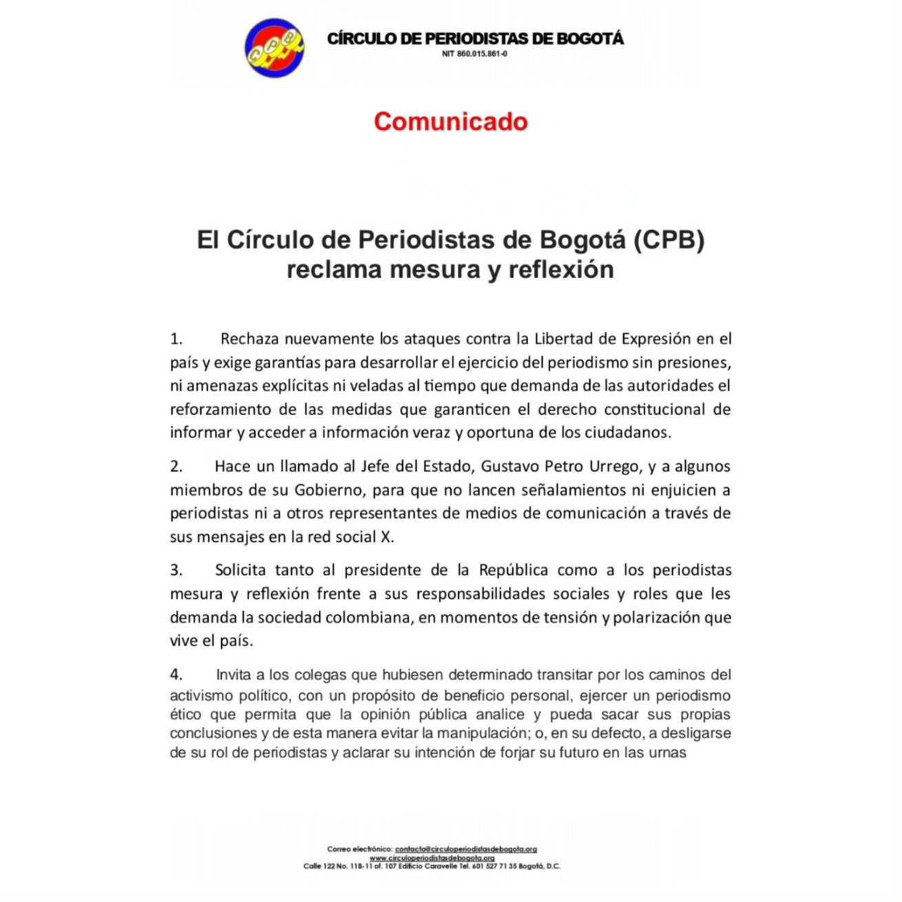 CPB reclama mesura y reflexión ante críticas del presidente Petro a la Flip
